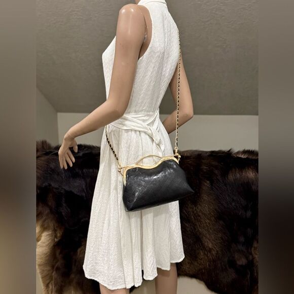 Black Quilted Genuine Lambskin  Double Kisslock Top Handle Bag & 2 Chain Styles - Picture 6 of 12